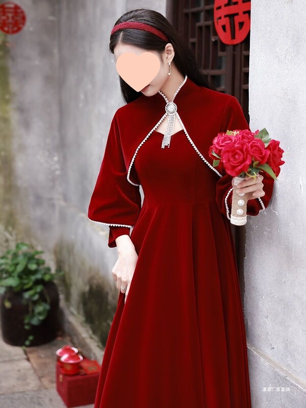 Fat Plus Size Pregnant Women's Toast Dress High Waist to Cover Belly New Style Bride Wedding Engagement Dress Long Sleeves Long Style Slimming Look