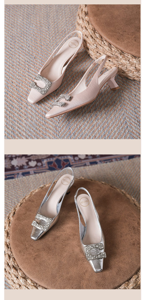 Sandal nữ bít mũi hở gót gót vuông đính đá khóa vuông, gót 3–6 cm — Màu bạc, Màu hồng nhạt, Vàng nhạt chi tiết 8