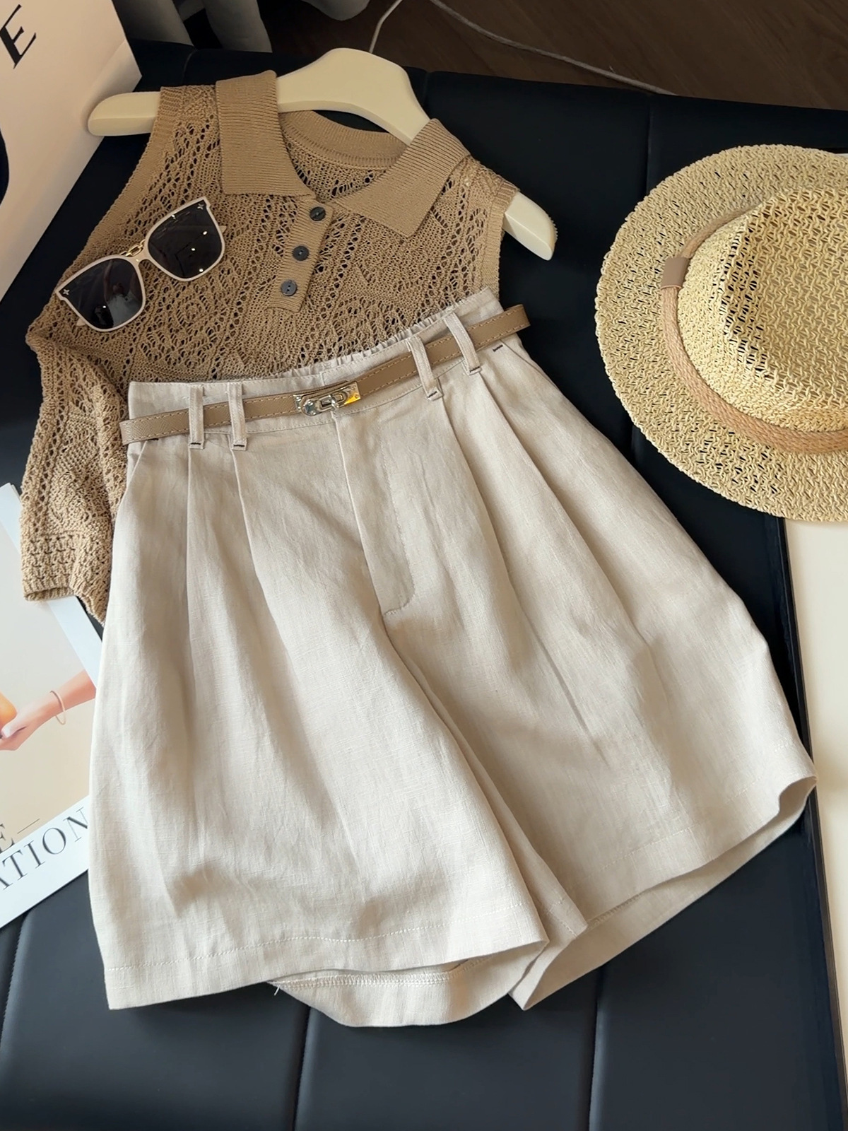Quần short nữ ống rộng cạp cao chất liệu cotton pha linen phong cách lão tiền phong — Tiền cũ chi tiết 2