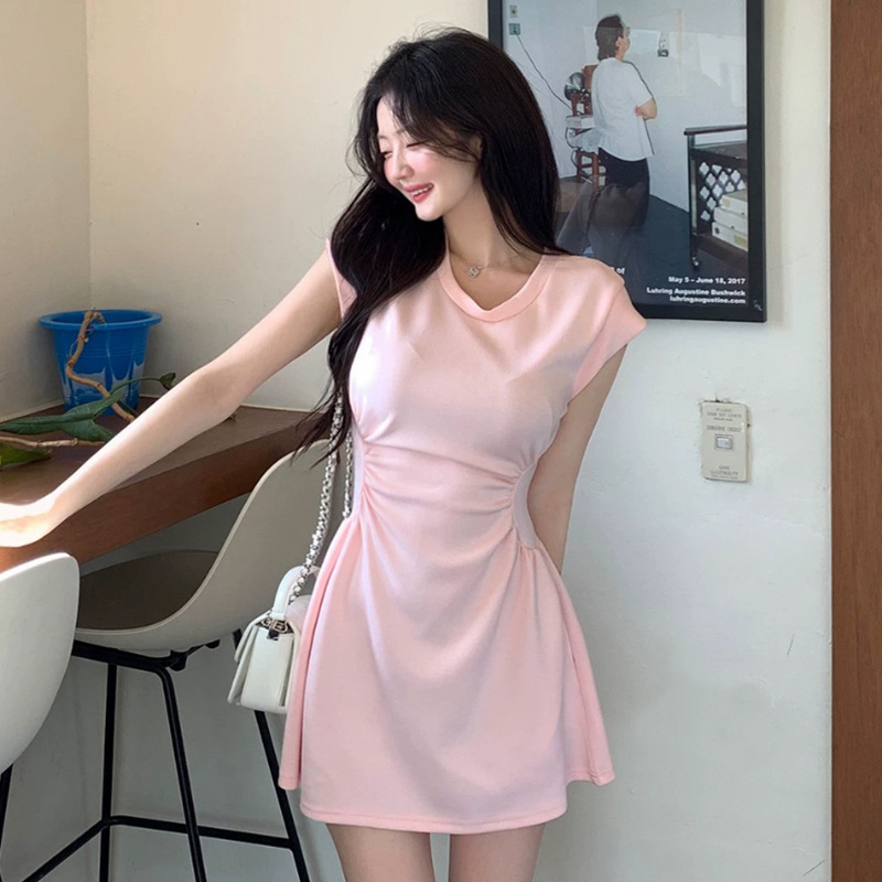 Early Autumn New Style Elegant Round Neck Tight Waist Figure Pleated All-match Casual Solid Color Slim-fit Short Sleeve High Waist dress Early Autumn New Style Elegant Round Neck Tight Waist Figure Pleated All-match Casual Solid Color Slim-fit Short Sleeve High Waist dress