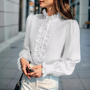 Amazon Foreign Trade European and American Women's Clothing Wish Aliexpress Ebay Shirt Ruffle Elegant Fashion Plus Size Women's Long Sleeve