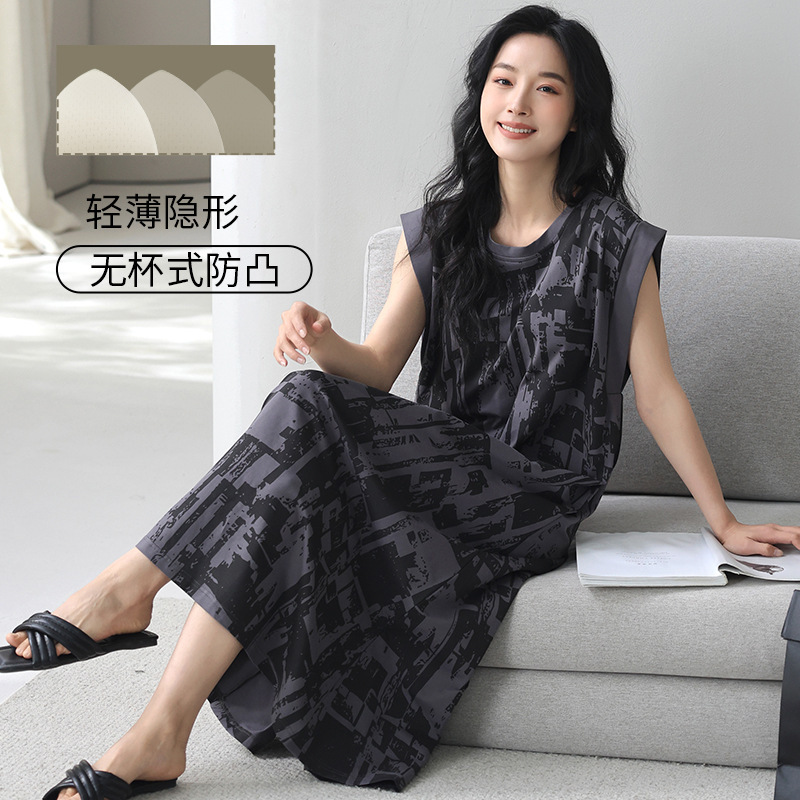新款纯棉拉架带胸垫睡裙女夏季薄款无袖高级感条纹女士长裙可外穿|undefined