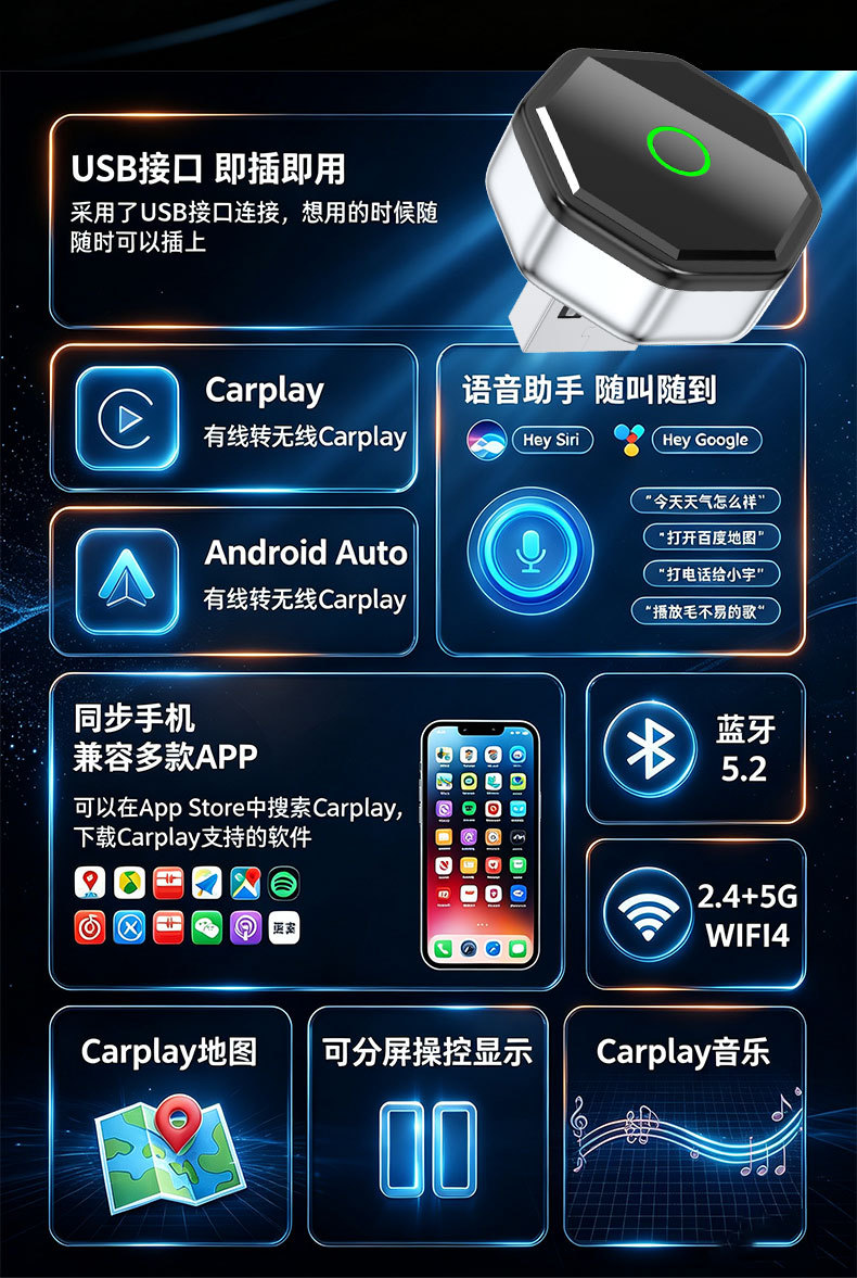 Cross-border CarPlay wireless adapter, 2-in-1 smart in-car connectivity box, Android Auto/CarPlay box