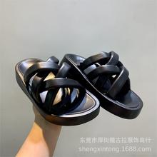 出口跨境外贸女鞋新款舒适真皮厚底平底羊皮拖鞋欧美原单尾单