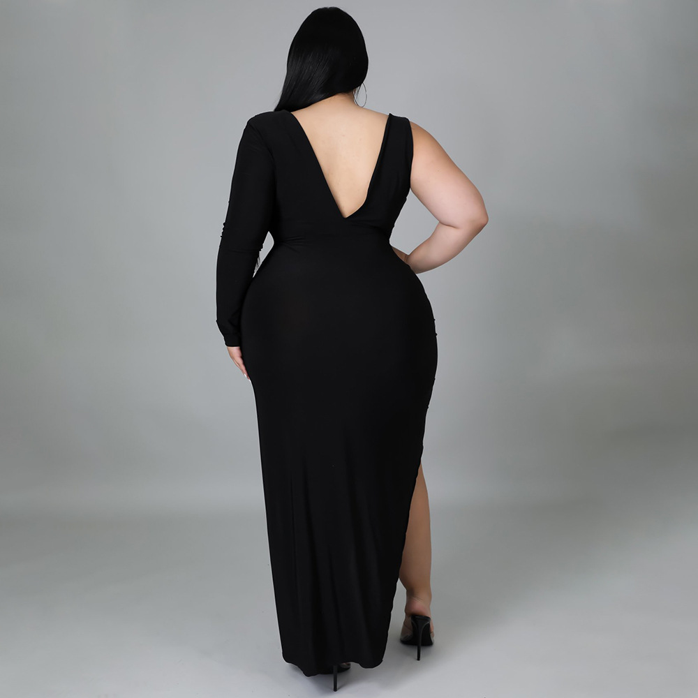 plus size single-sleeve hollow v neck backless slit solid color dress NSLNW122662