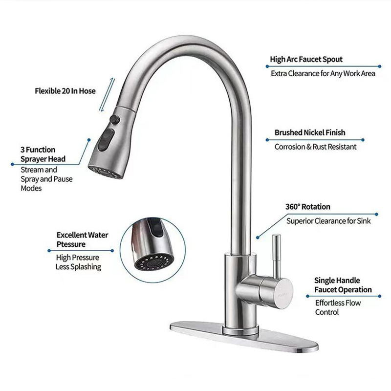 Cross-border 304 stainless steel kitchen faucet, hot and cold water faucet, foreign trade rotatable and retractable kitchen faucet