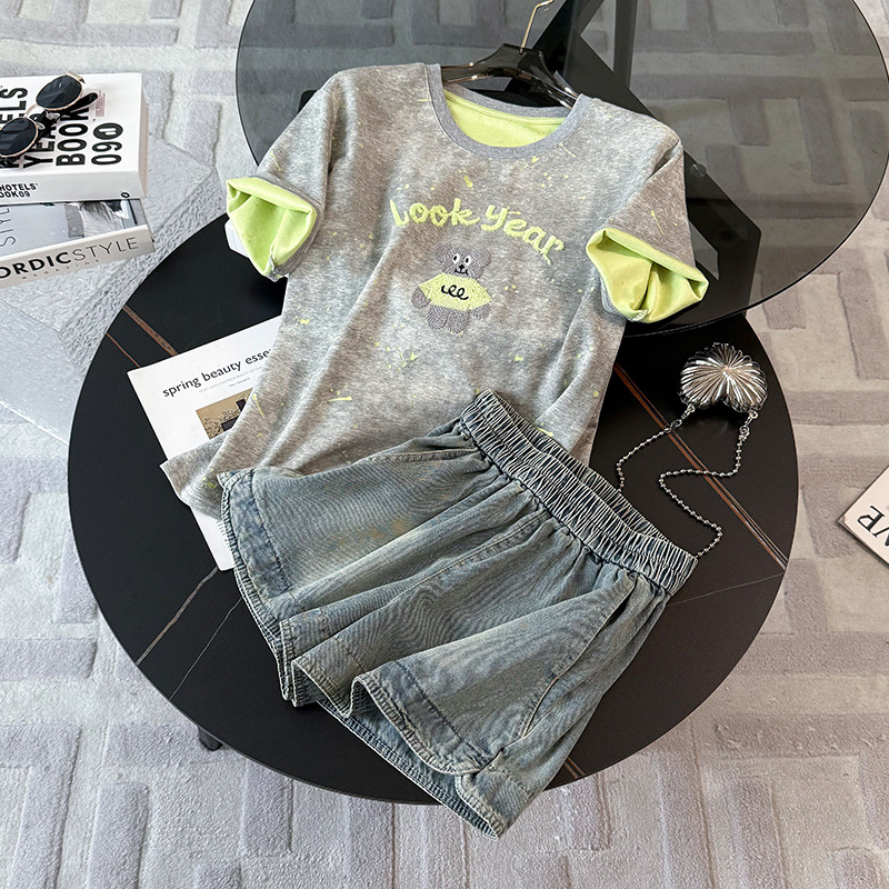Women's Clothing Casual Fashion Sports Suit For Women Summer New Round Neck Bear Embroidery Tie Dye Top Loose Jeans Two Piece Suit_ecoleips.com