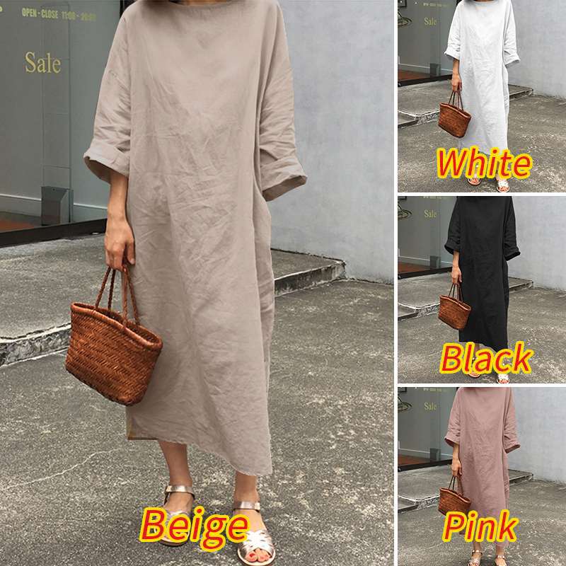 2021 Cross-border New Artistic Casual Women's Long-sleeved Round Neck Solid Color Dress for Autumn Plus Size Kaftan