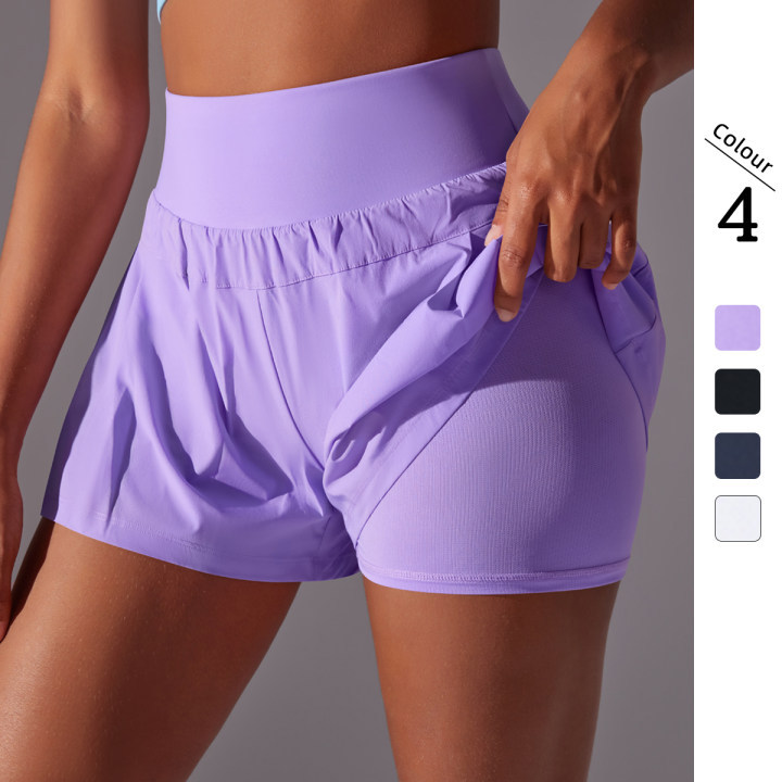 New Cross-border Solid Color Mesh Double-layer Breathable Sports Tennis Yoga Shorts Running Fitness Yoga Clothing Shorts Women