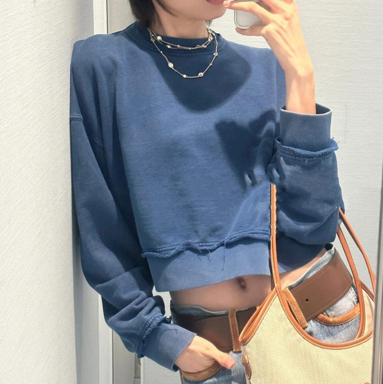 2024秋冬新款做旧圆领宽松少女字母徽标棉质百搭女装短款长袖卫衣