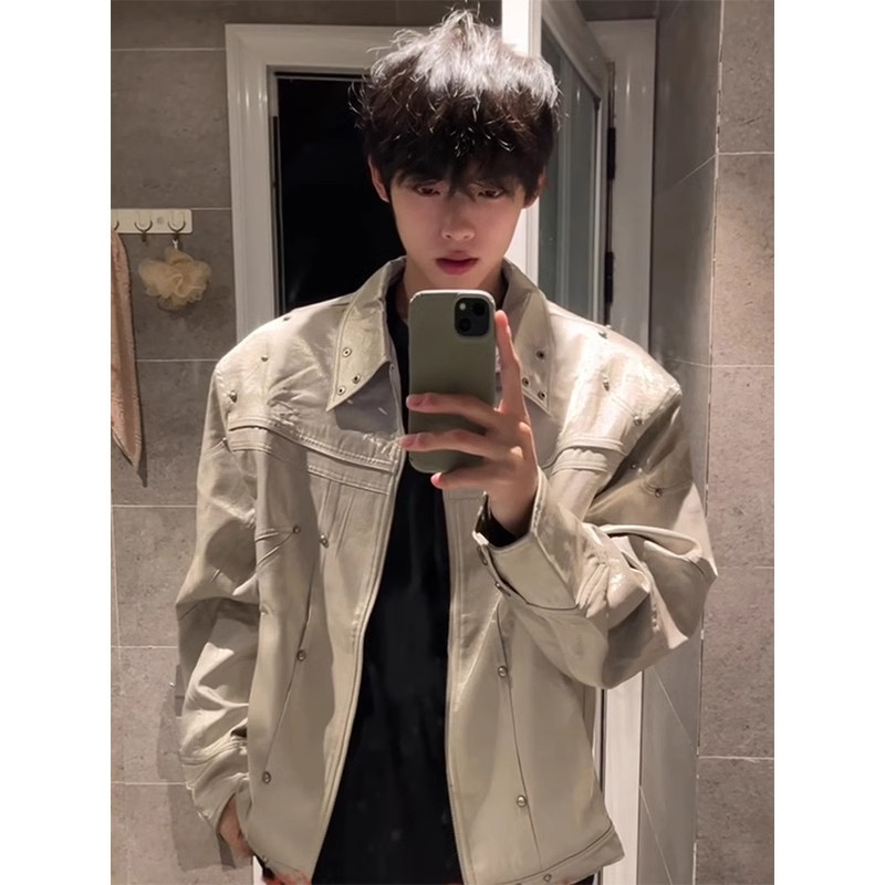 Cleanfit American-Style Thin Padded Shoulder Jacket for Men, Summer High Street Cool Biker Jacket with Rivet Turn-Down Collar Flight Jacket