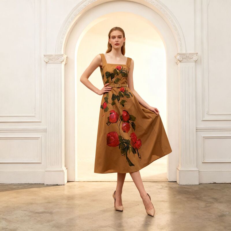 2026 Spring New Cross-Border Design Printed Dress with a French Fresh Pastoral Style, Waist-Cinching Long Gown for Women