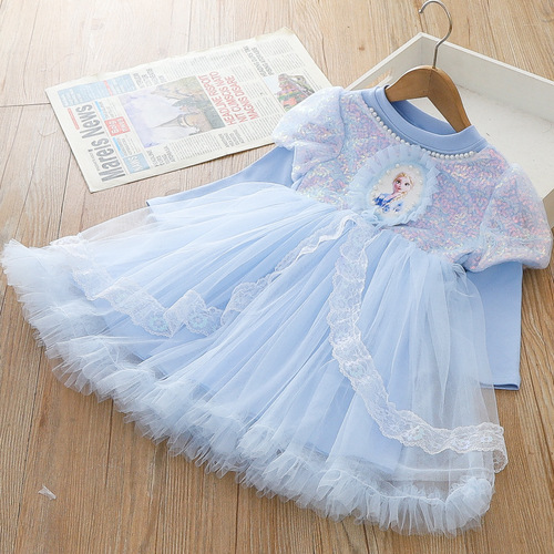 Elsa 2024 Spring New Girls Dress Elsa Frozen Princess Dress Lace Tutu Birthday Gift