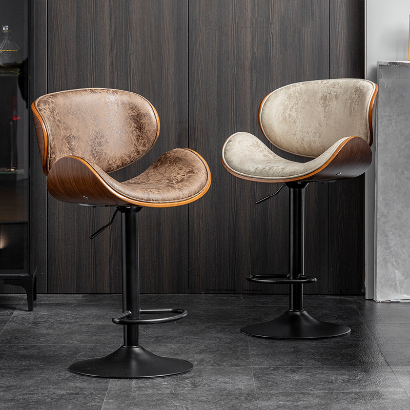 Bar stool with height adjustment, solid wood front desk bar chair, Nordic-style home swivel chair with backrest, modern minimalist design, light luxury high-foot stool