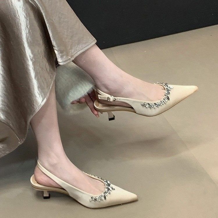 French-Style Niche Pointed-Toe High Heels, Beige Rhinestone Closed-Toe Sandals, Fairy Shoes, 2025 Spring/Summer Elegant Single Shoes