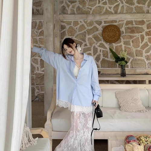 Lace patchwork loose long-sleeve women's shirt 2025 spring polo collar fashion casual