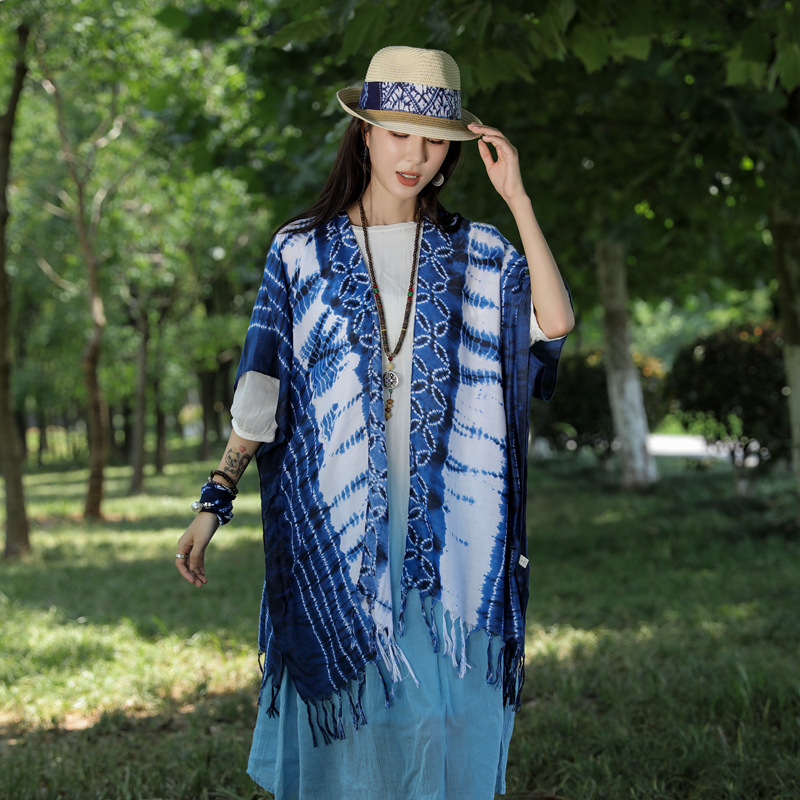 2023 nuevo estilo étnico en forma de diamante bufanda de algodón y lino bufanda de viaje Yunnan cálido protector solar