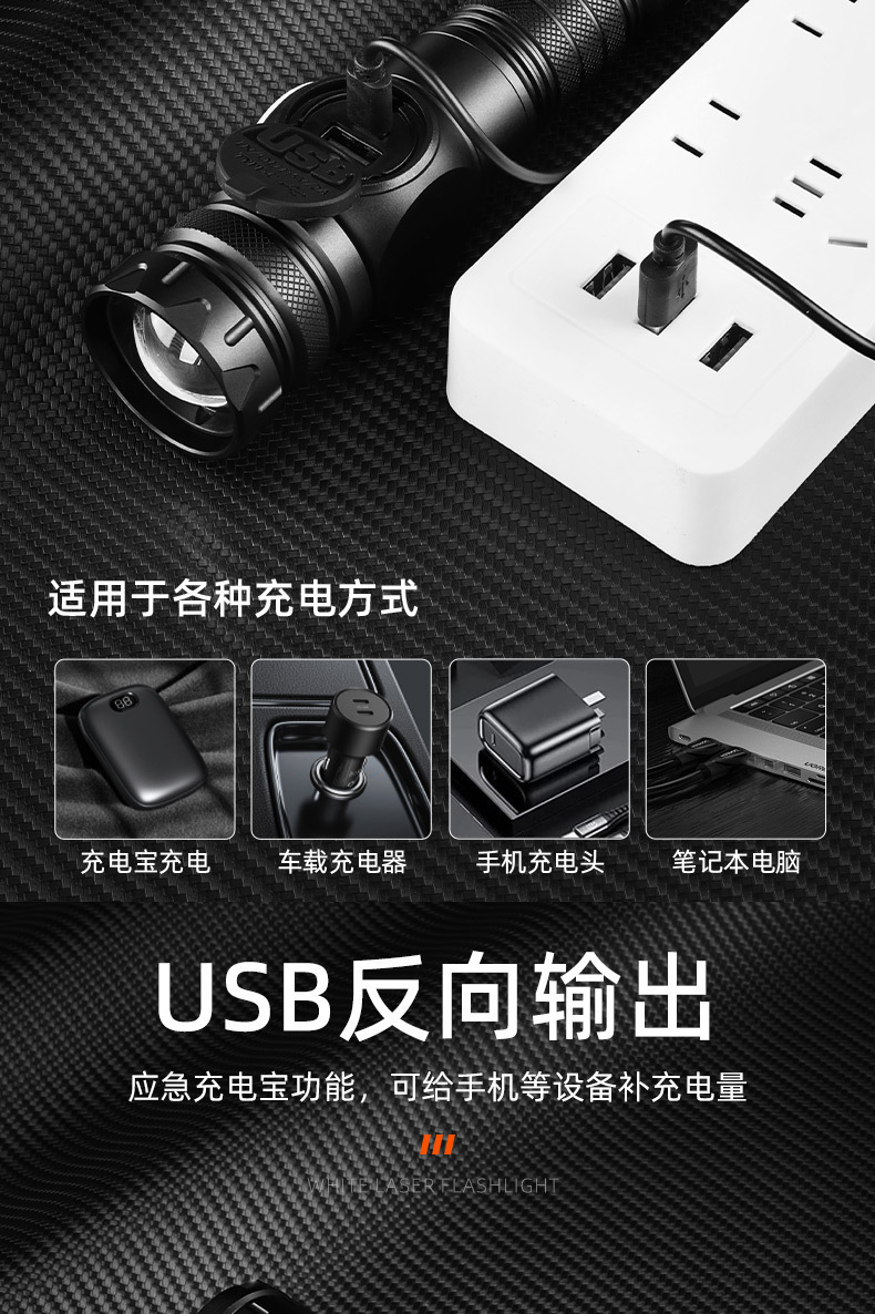 Cross-border digital display power indicator, high-brightness flashlight with zoom, long-range side light, floodlight for home emergency, outdoor hiking, cycling, rechargeable