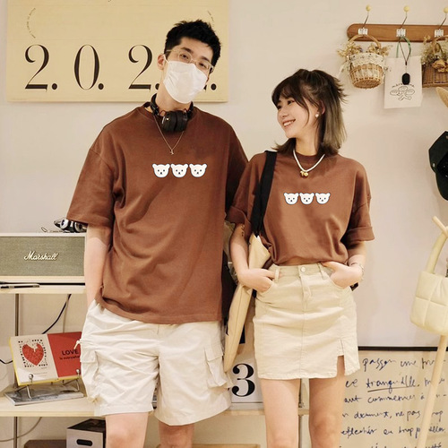  Autumn parent-child clothing, summer clothing, children's clothing, family clothing for a family of three, apricot brown foreign style short-sleeved T-shirt bear