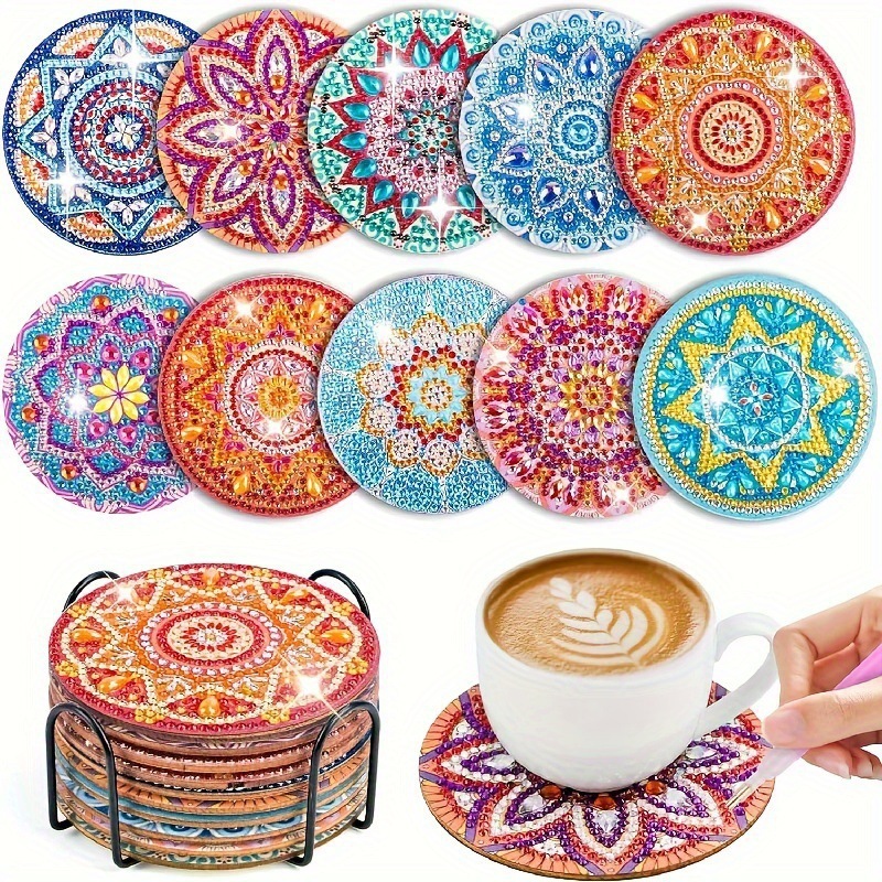 Ventas transfronterizas calientes de 8 piezas de conjunto de cojín de taza de arte de diamante, con soporte, pequeño conjunto de pintura de diamante, adecuado para adultos
