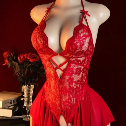 AliExpress New Cross-Border Lace Open-Crotch One-Piece Lingerie Sexy Women's Deep V Temptation Pure Desire Short Dress Backless