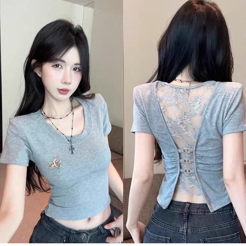 Spring and Summer Hot-Selling Women's Lace Top with Beautiful Backless Design, Lace Patchwork, Cross-Border Lace Short-Sleeve Slim-Fit Right-Shoulder Top Spring and Summer Hot-Selling Women's Lace Top with Beautiful Backless Design, Lace Patchwork, Cross-Border Lace Short-Sleeve Slim-Fit Right-Shoulder Top