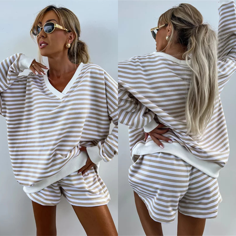 Amazon Summer New Women's Casual Striped suit Long Sleeve V-Neck Loose Top Sports Shorts 2-Piece Set for Women