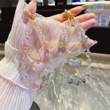 高级感串珠手机链双链锆石双面爱心手机壳挂绳跨境热销水晶手机绳