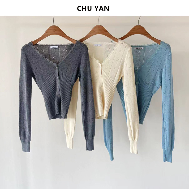 Dongdaemun Three-Color Lace Cut Out Knitted Cardigan 25 Autumn and Winter French Woolen Waist Short Shawl Jacket Dongdaemun Three-Color Lace Cut Out Knitted Cardigan 25 Autumn and Winter French Woolen Waist Short Shawl Jacket