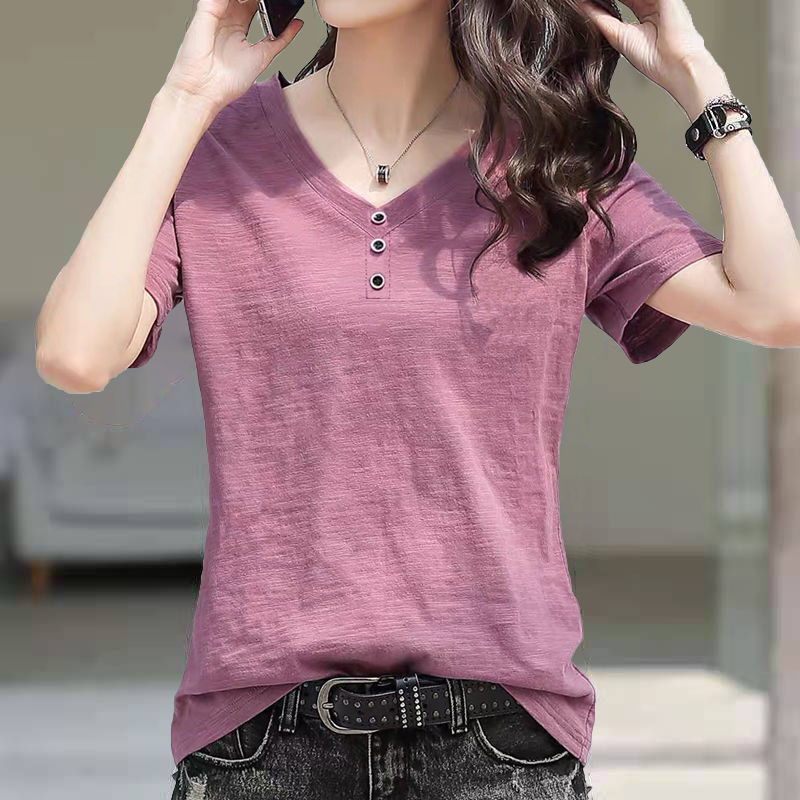 Solid Color Slub Cotton V-Neck Button Short-Sleeved T-Shirt Women's 2024 Summer New Loose plus size Slimming Top Trendy T-Shirt