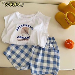 夏季男女童格子短褲無袖背心上衣兒童寶寶套裝卡通印花休閒兩件套