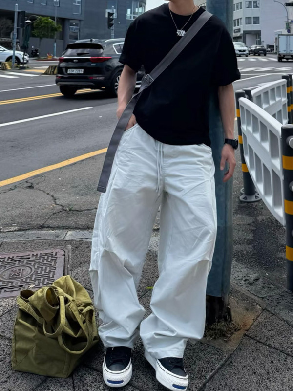 秋季男士水洗长裤宽松休闲手感棉百搭工装弯刀松紧腰直筒裤裤子潮|undefined