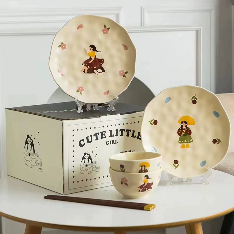 Retro tableware, ceramic cute high quality set, gift box for home use