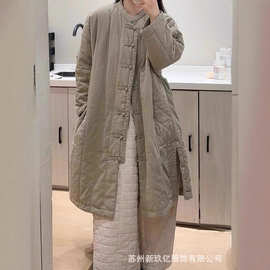 2025冬季新款麻棉长款外套女文艺新中式纯色立领盘扣宽松上衣