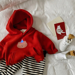 秋冬季新款男女連帽衫加絨兒童卡通小熊印花中小童衛衣潮0031A013