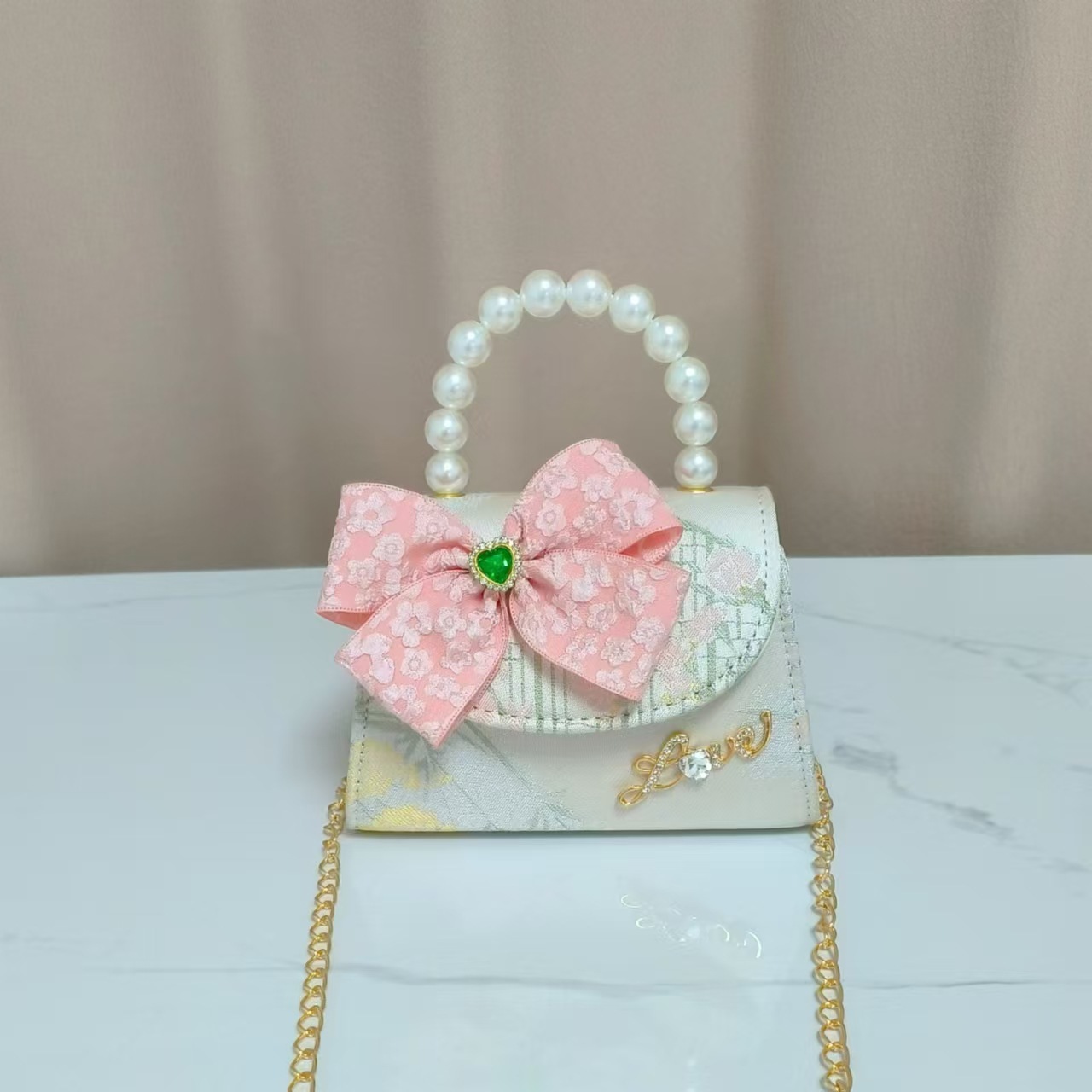 Guofeng bolso para niños, nuevo bolso de hombro de niñas, lindos bolsos de perlas de princesa, bolsos de arco, bolsos de mochila, bolsos pequeños