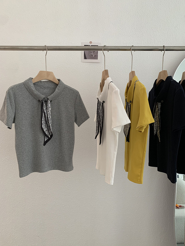 Omalai シルクスカーフ結び目ラペル半袖 Tシャツ女性のための 2025 夏スリムフィット無地多用途トップ 3877|undefined