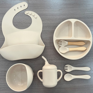 Baby Tableware Eight Pieces suit Silicone Split Plate Children's Baby Feeding Tableware Fork Spoon Suction Plate Bowl Rice Pocket Water Cup
