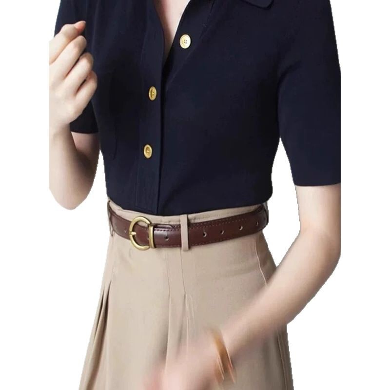 現物メーカー卸売りの新型Polo襟半袖tシャツニットの女性服はスリムで短い上着の女性を見せます。|undefined