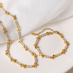 Qianbaiyi ジルコンホワイトダイヤモンドブレスレットステンレス鋼メッキ 18 K ゴールド X 字型ネックレス絶妙なファッションネックレスハンドジュエリー卸売