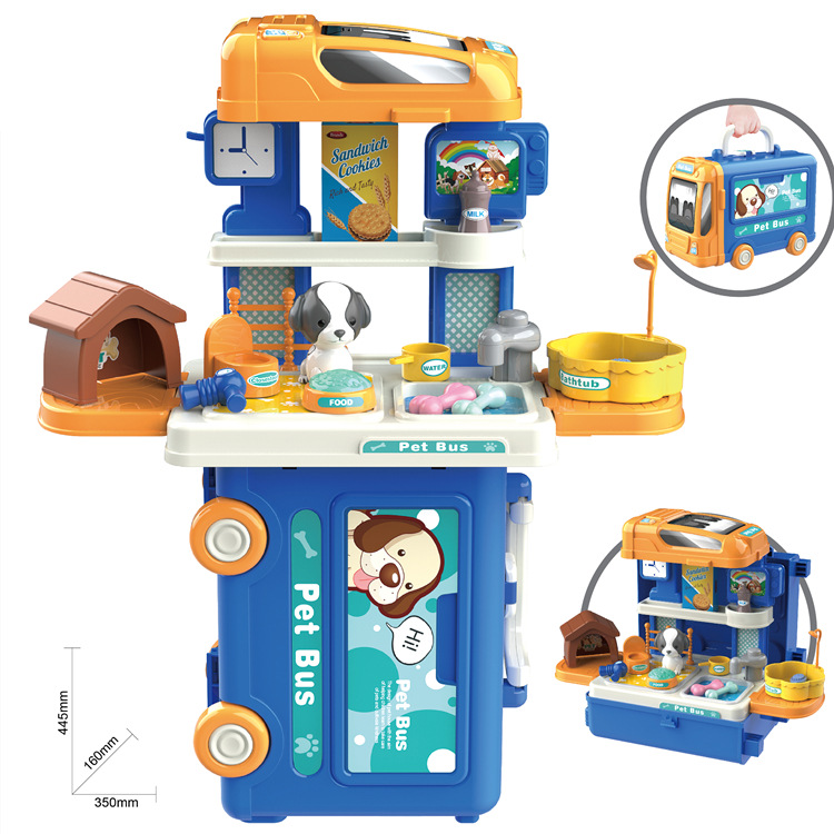 Simulación de niños transfronterizos 3-en-1 autobús cocina vajilla herramientas de maquillaje juego de juego casa maleta doctor juguete