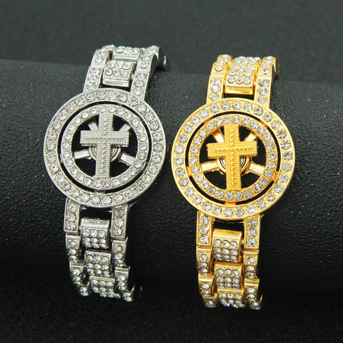 European and American-style hip-hop rotating cross watch chain bracelet, men's bold full-diamond cuff.