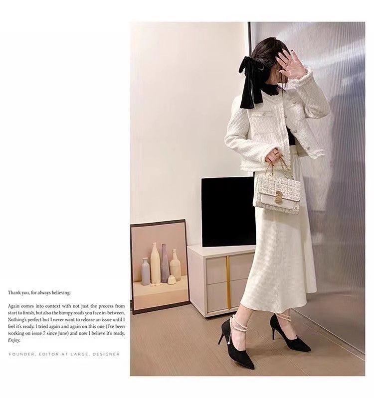 Pointed Toe Pumps 2024 New Model Pearl Suede High-End Fairy Black Thin Heel Non-Slip Strap High Heels For Women_voghion.com