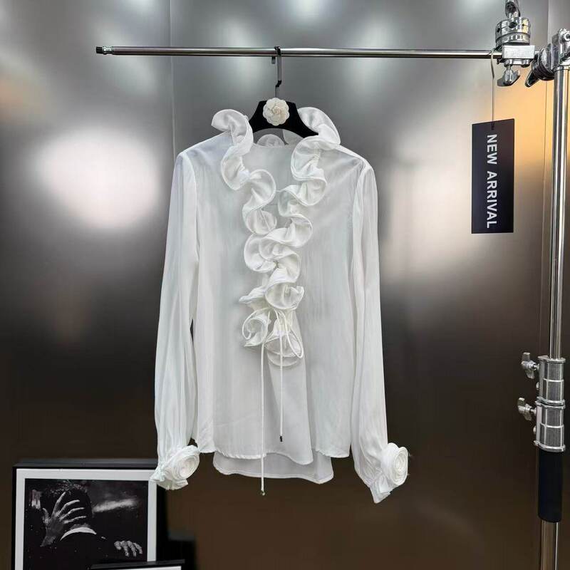 Spring and Autumn Versatile Slimming White Shirt with Ruffled Collar and Tie, Long Sleeves, French Design, Cross-Border Spring and Autumn Versatile Slimming White Shirt with Ruffled Collar and Tie, Long Sleeves, French Design, Cross-Border