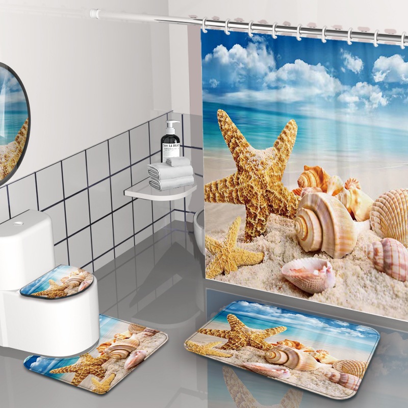 Impresión digital de ondas cortina de baño sin agujeros partición de baño cortina impermeable baño cuatro piezas conjunto de dibujo se puede fijar image 11