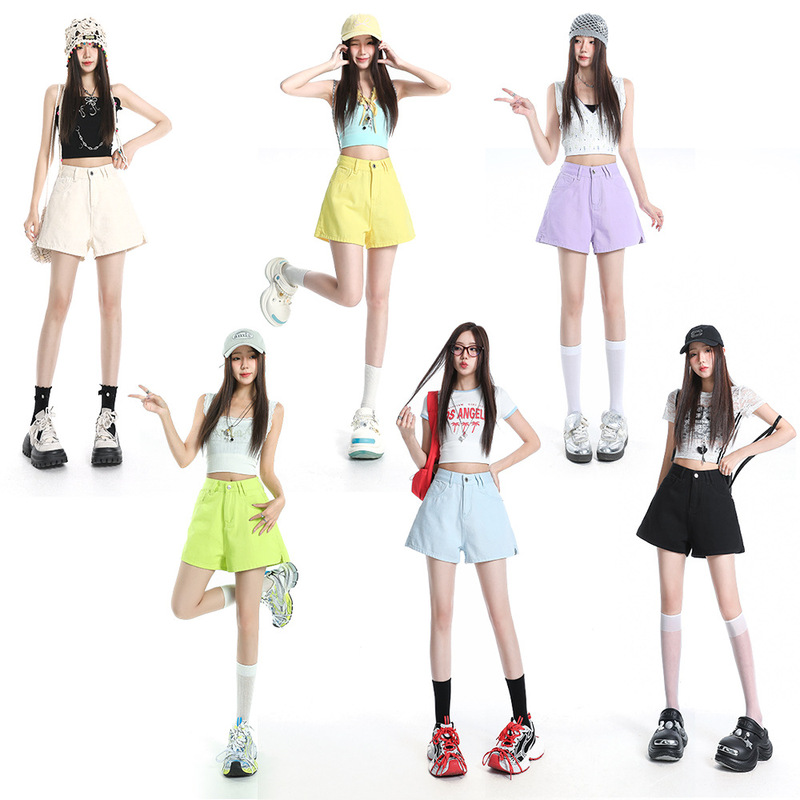 2025 Summer New Dopamine Denim Shorts Women's Fashion Versatile High-Waisted A-Line Hip-Hugging Hot Pants