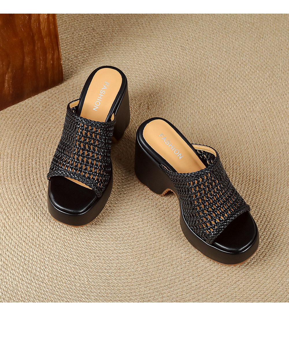 Sandal cao gót nữ hở mũi đế xuồng đan lát phong cách La Mã — màu đen, màu trắng ngà, bạc chi tiết 16