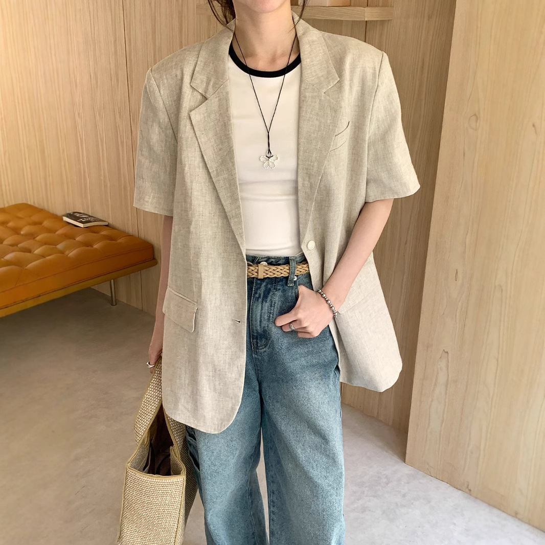 100 Linen Korean Style Retro Short-sleeved Suit Jacket Women's Summer New Loose Slimming Thin Casual Suit