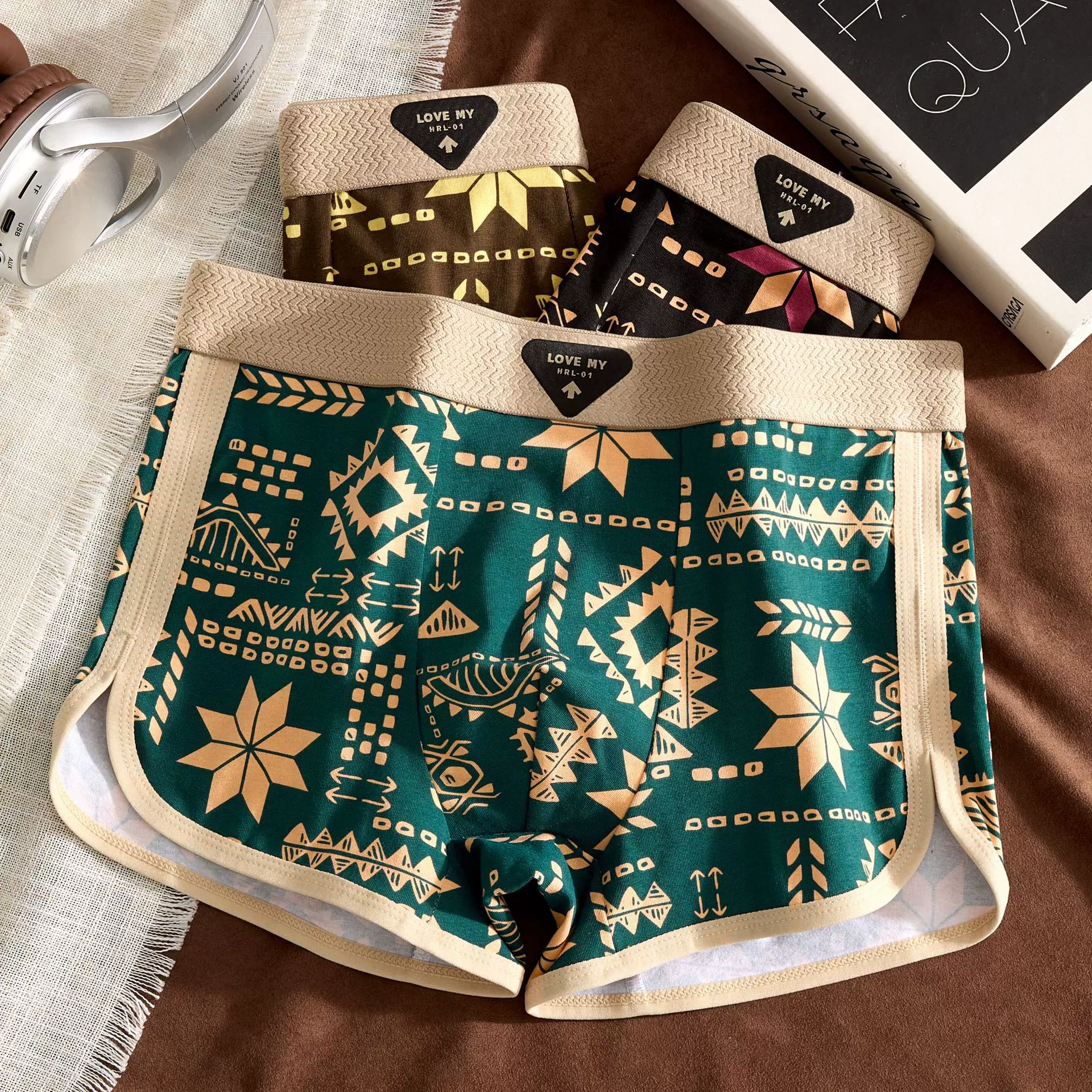 新款美式复古民族风男士内裤美拉德棉质平角裤透气四角潮流短裤头