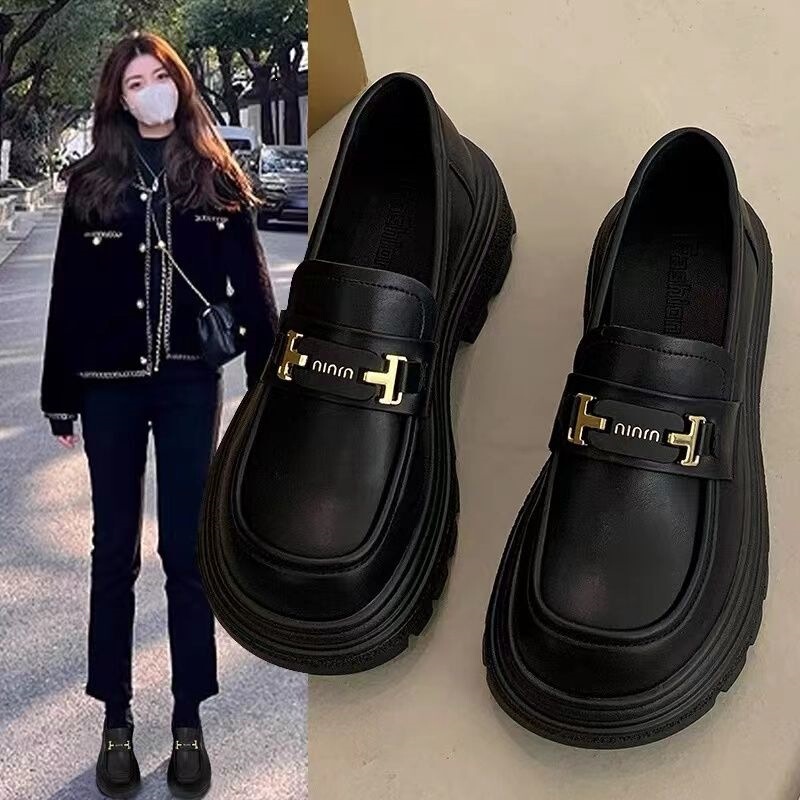 High-Heeled Leather Shoes for Women 2024 New British Style Thick-Soled Height-Increasing Loafers Versatile Slip-On Jk Soft-Soled Single Shoes